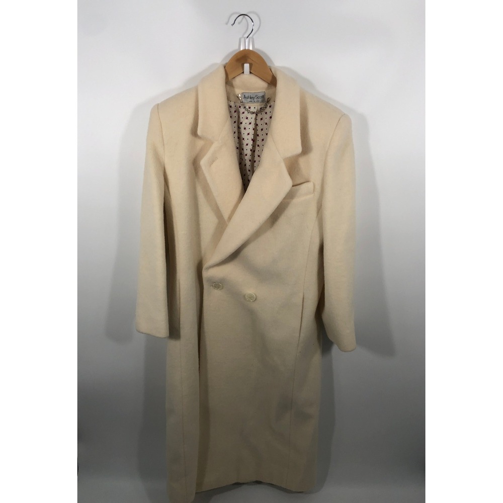 VTG Wool Blend Long Coat Women L Cream Double Breasted Structured 90s Minimalist